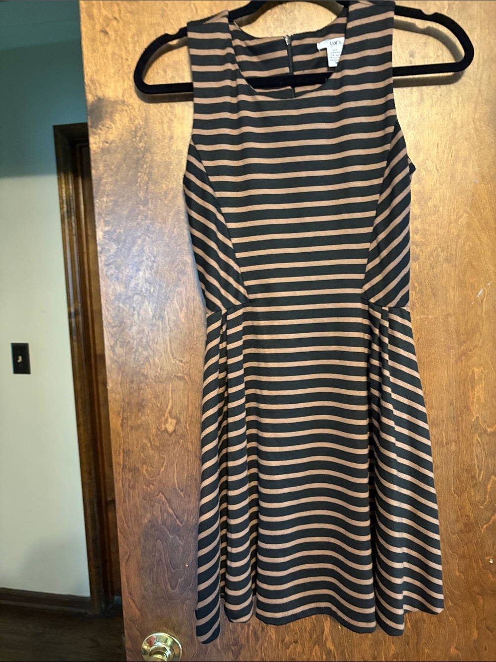 Bar III Black and Tan Striped Sleeveless Fit-and-Flare Dress